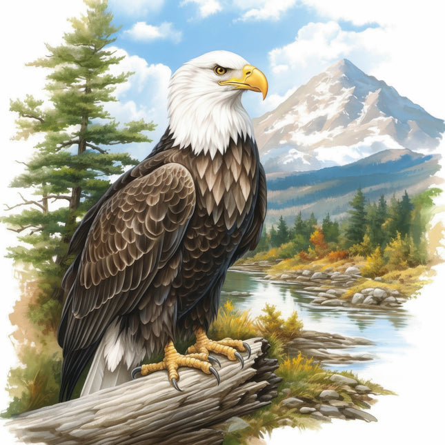 Bald eagle perched on a log with a mountain and forest background fabric panel