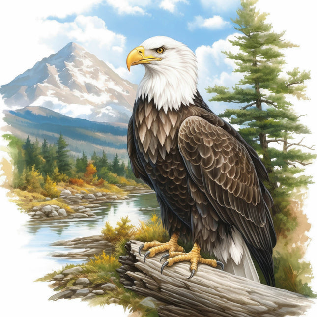 Bald eagle perched on a log with a mountain and forest fabric panel