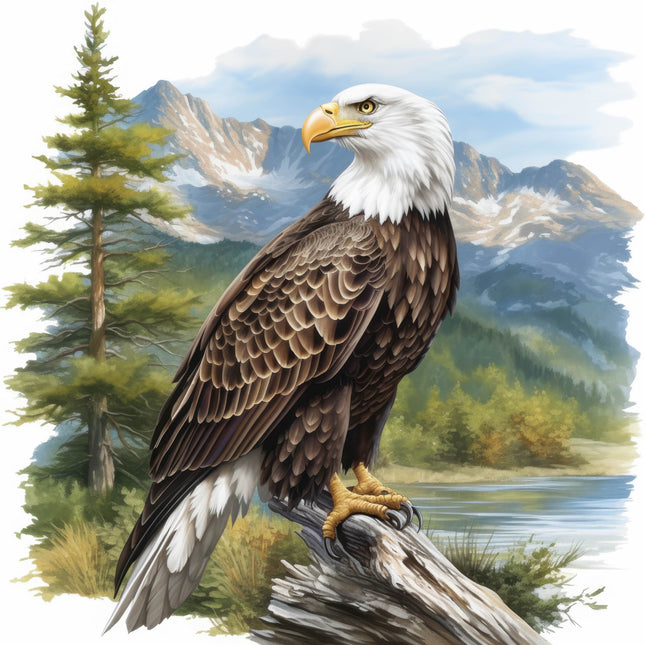 Bald eagle perched on a log with a mountainous landscape fabric panel
