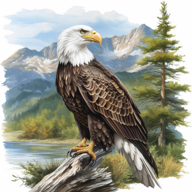 Bald eagle perched on a log with a mountainous landscape fabric panel
