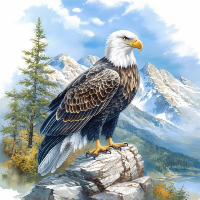 Bald eagle perched on a rock with mountains and trees fabric panel