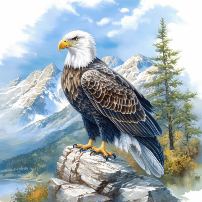 Bald eagle perched on a rock with mountains and trees fabric panel