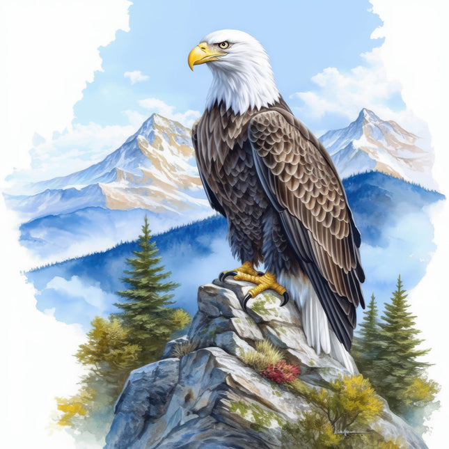 Bald eagle perched on a rocky outcrop with mountains and trees in the background fabric panel