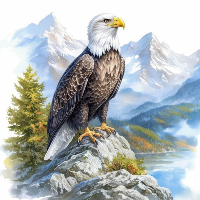 Bald eagle perched on a rock with a mountainous landscape fabric panel