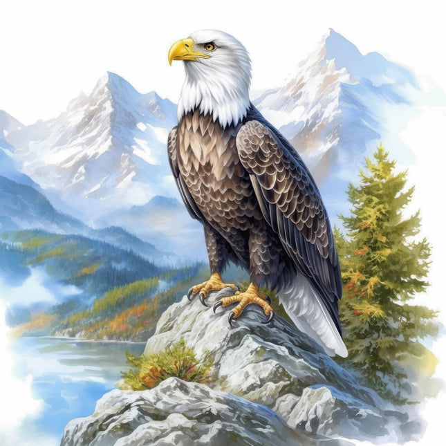 Bald eagle perched on a rock with a mountainous landscape fabric panel