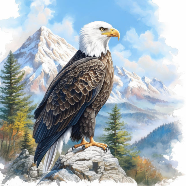 Bald eagle perched on a rock with mountains and trees fabric panel