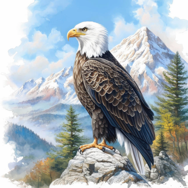 Bald eagle on a rock with a mountainous landscape fabric panel
