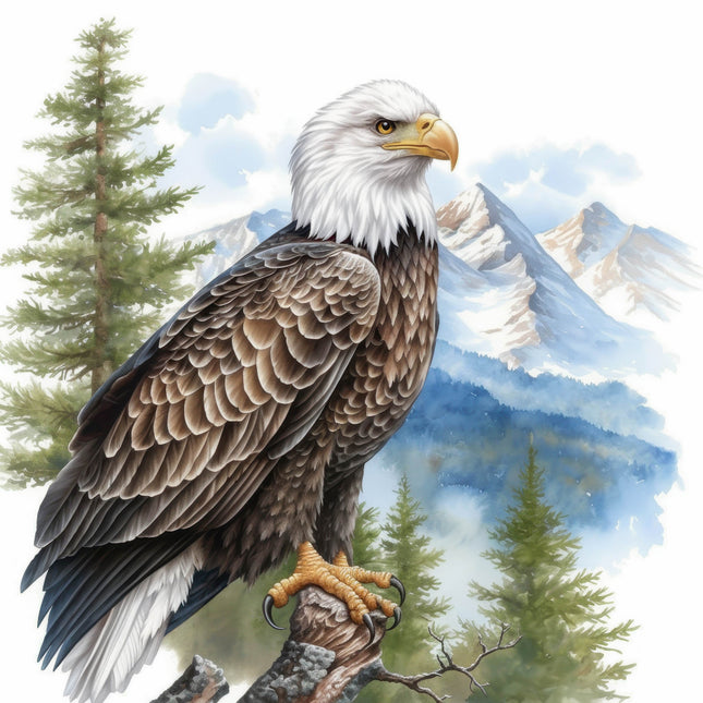 Bald eagle perched on a branch with a mountainous landscape fabric panel