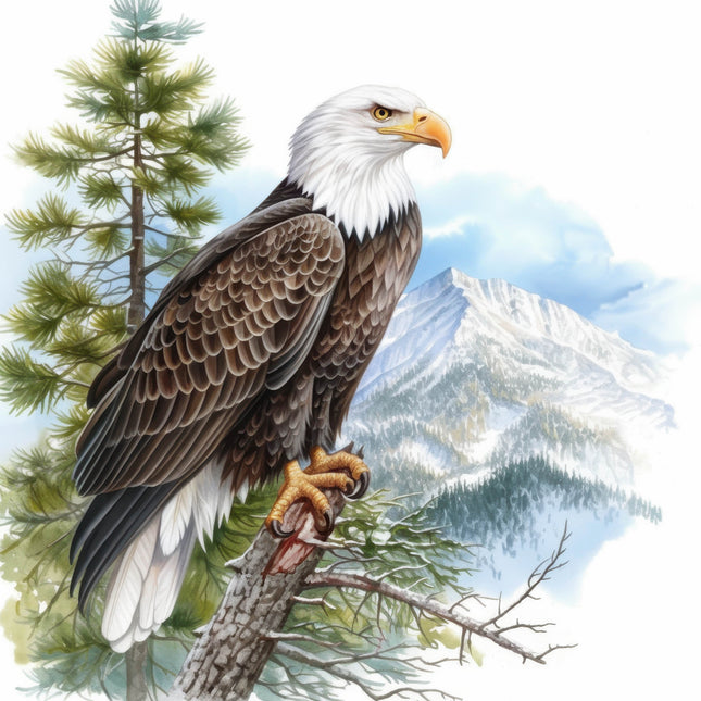 Bald eagle perched on a branch with mountains and trees in the background fabric panel