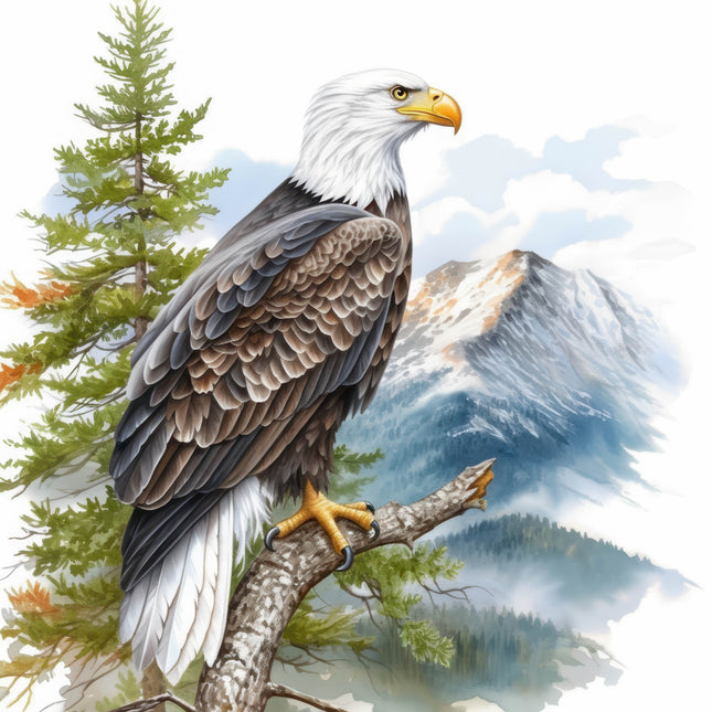 Bald eagle perched on a branch with a mountainous landscape in the background fabric panel