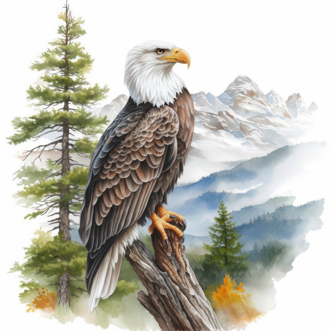 Bald eagle perched on a log with a mountainous landscape fabric panel