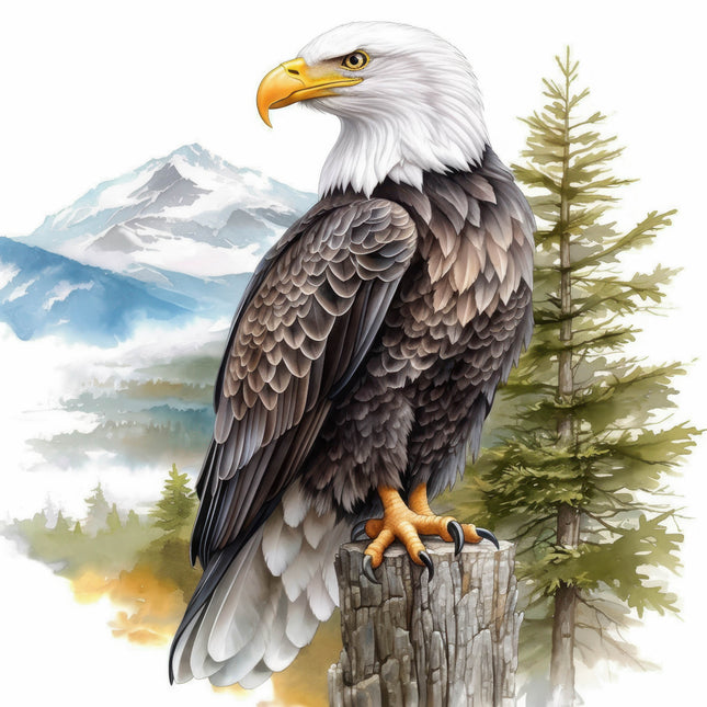 Bald eagle perched on a log with a mountain and tree in the background fabric panel