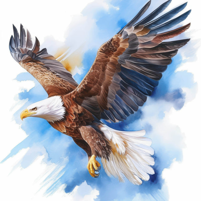 Bald eagle in flight against a blue sky fabric panel