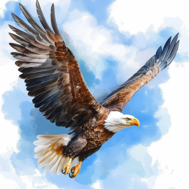 Bald eagle in flight against a blue sky fabric panel