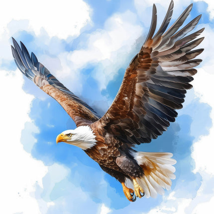Bald eagle flying against a blue sky fabric panel