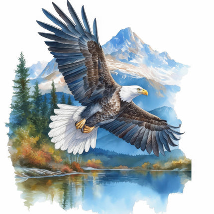 Eagle flying over a mountainous landscape fabric panel