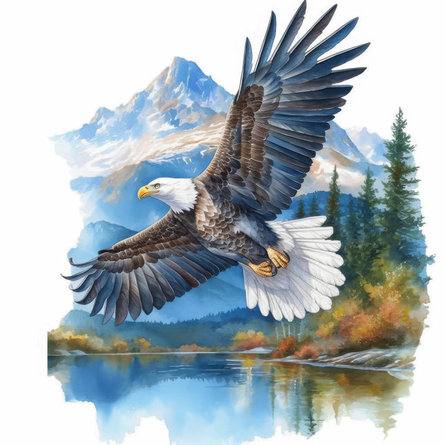 bald eagle flying over a mountain fabric panel