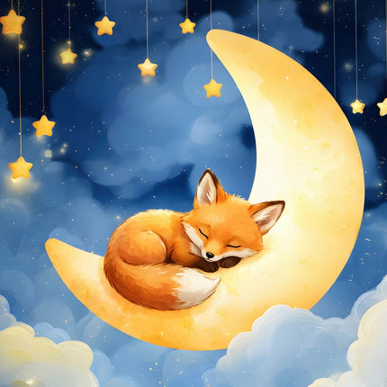 fox sleeping on a crescent moon with stars fabric panel
