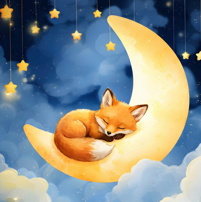 fox sleeping on a crescent moon with stars fabric panel
