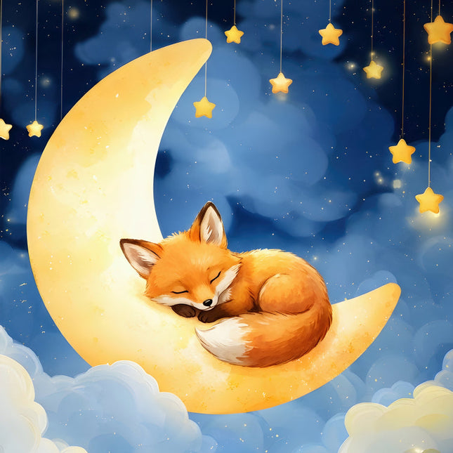 Sleeping fox on a crescent moon with stars and clouds fabric panel