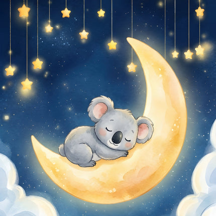 Sleeping koala on a crescent moon with stars fabric panel