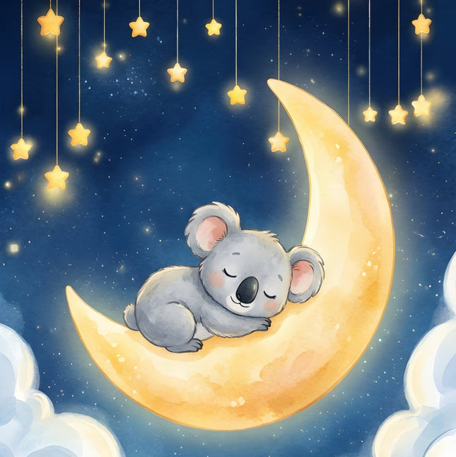 Sleeping koala on a crescent moon with stars fabric panel