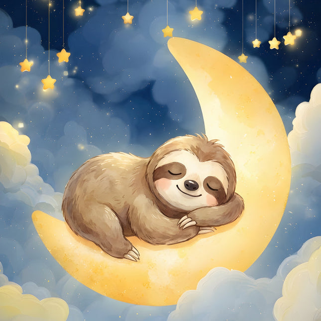 sloth sleeping on a crescent moon with stars and clouds fabric panel