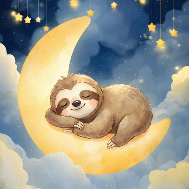 sloth sleeping on a crescent moon with stars and clouds fabric panel