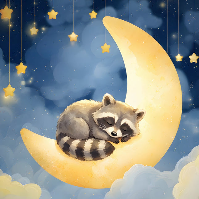 raccoon sleeping on a crescent moon with stars and clouds fabric panel