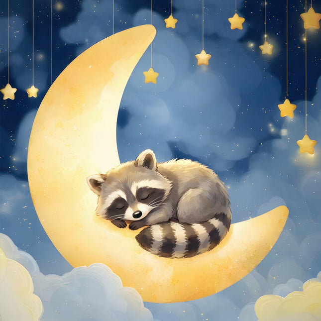 raccoon sleeping on a crescent moon fabric panel