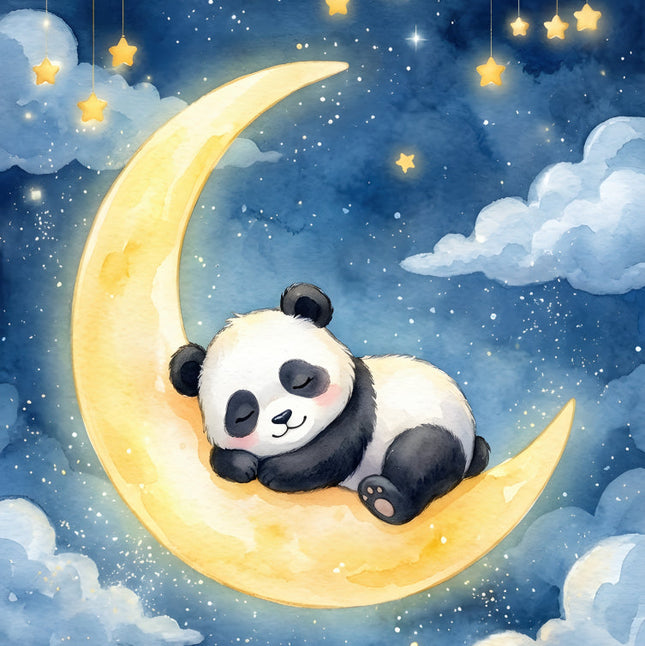 Panda bear sleeping on a crescent moon with stars and clouds fabric panel