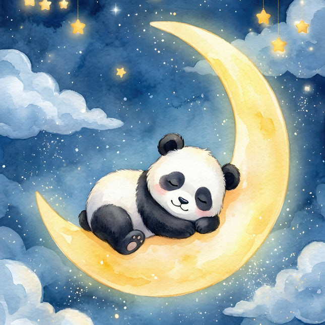 Panda bear lying on a crescent moon fabric panel