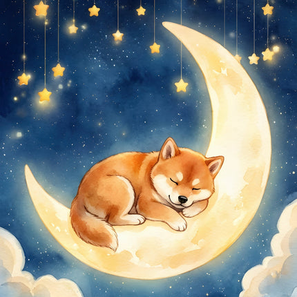 dog sleeping on a crescent moon with stars and clouds fabric panel