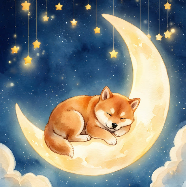 dog sleeping on a crescent moon with stars and clouds fabric panel
