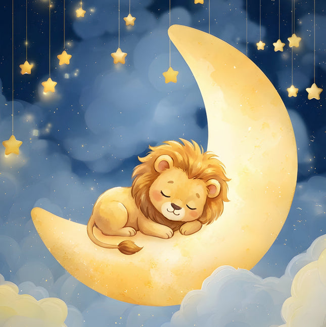 lion sleeping on a crescent moon with stars in the sky fabric panel