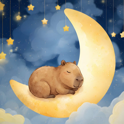 Capybara sleeping on a crescent moon with stars in the night sky fabric panel