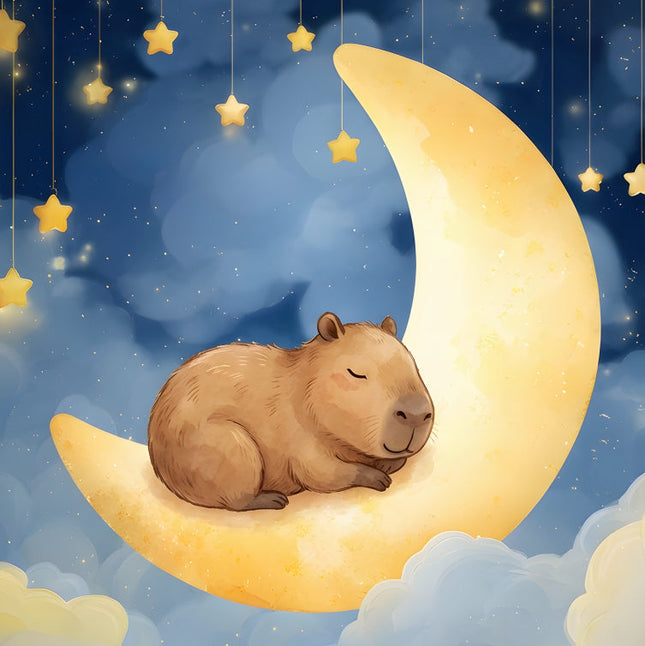 Capybara sleeping on a crescent moon with stars in the night sky fabric panel