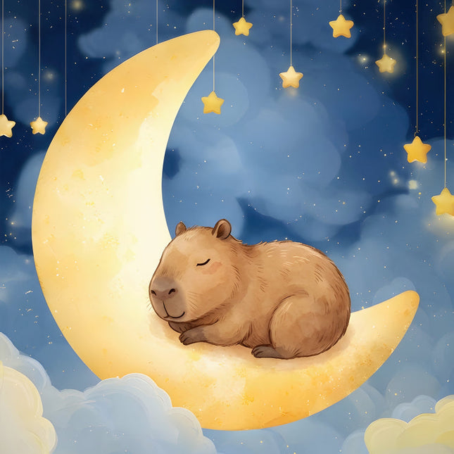Capybara sleeping on a crescent moon fabric panel