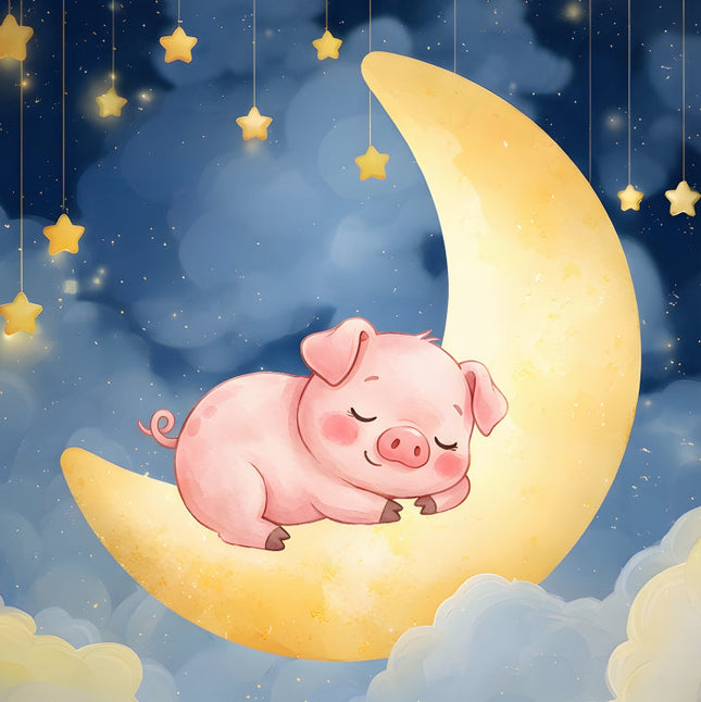 pig sleeping on a crescent moon with stars and clouds fabric panel