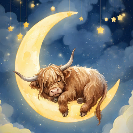 Sleeping cow on a crescent moon with stars in a night sky fabric panel