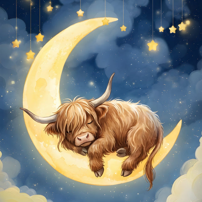 Sleeping cow on a crescent moon with stars in a night sky fabric panel