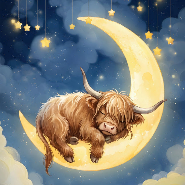 Sleeping cow on a crescent moon with stars in a night sky fabric panel