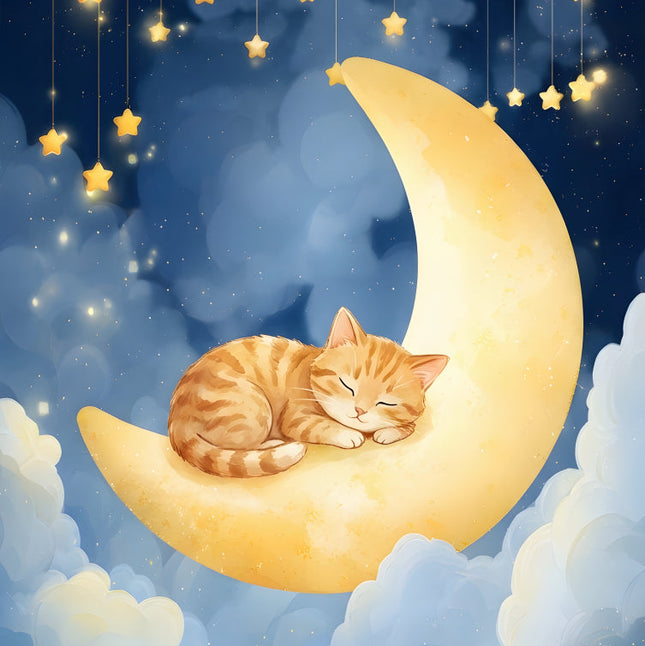 cat sleeping on a crescent moon with stars and clouds fabric panel