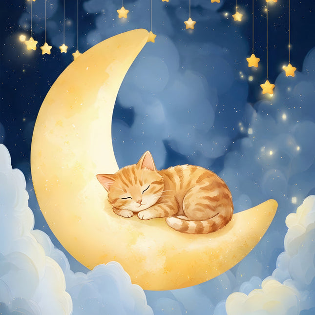 Cat sleeping on a crescent moon with stars in a night sky fabric panel