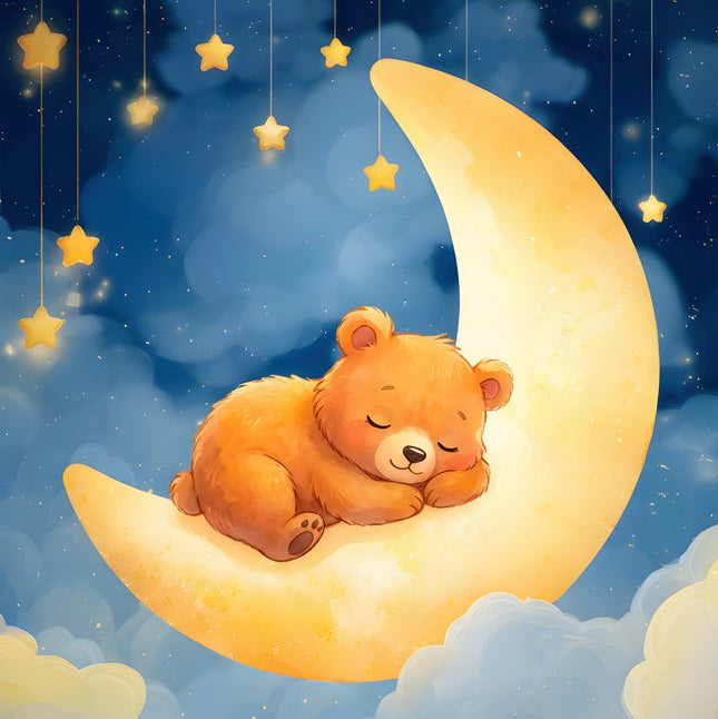 bear sleeping on a crescent moon with stars and clouds fabric panel