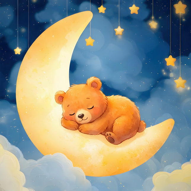 bear sleeping on a crescent moon with stars fabric panel