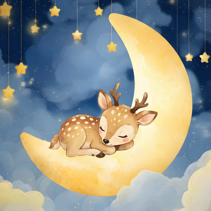 deer sleeping on a crescent moon with stars and clouds fabric panel