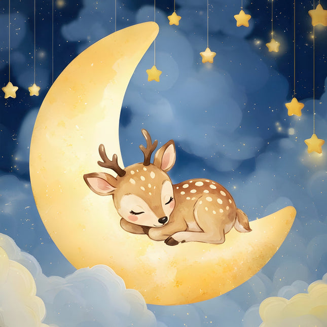 Sleepy Deer on Moon 100% Cotton Fabric Panel Block FLIP-AL133