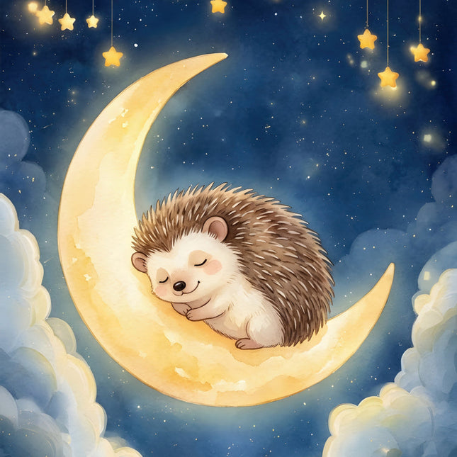 Hedgehog on Moon Starry Sky 100% Cotton Fabric Panel Block FLIP-AL134
