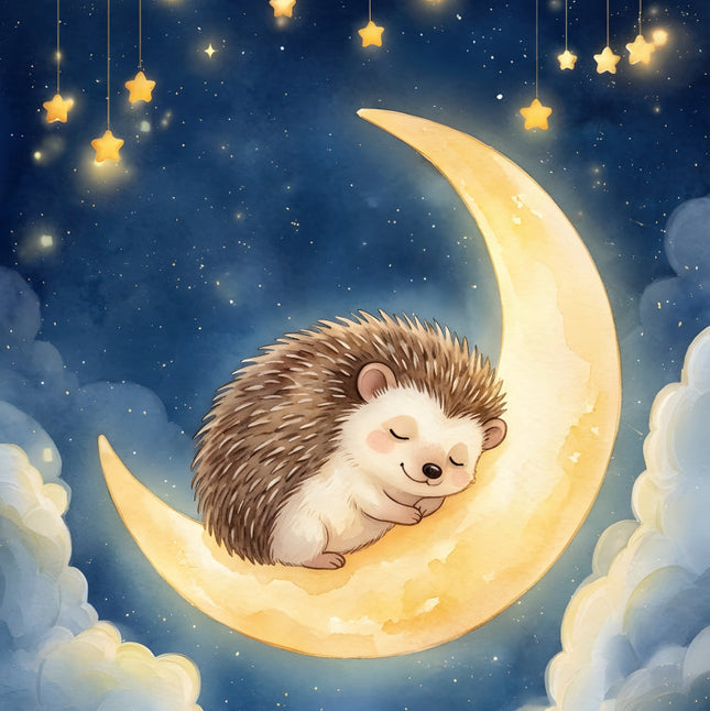 hedgehog on a crescent moon with stars in the sky fabric panel